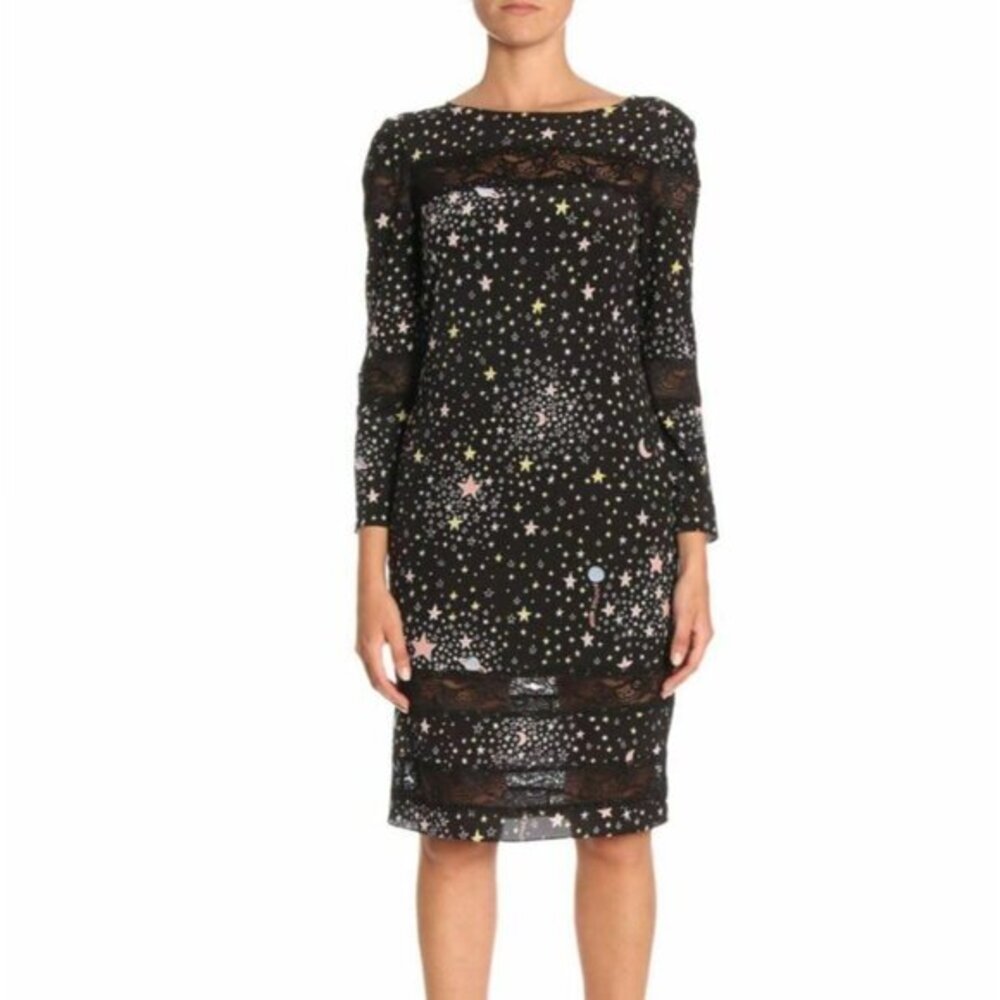 Boutique Moschino Black Silk Star Print Lace Accent Dress 42 IT / 6 US NWT